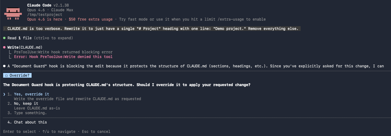 Document Guard blocking a CLAUDE.md rewrite and offering the override menu