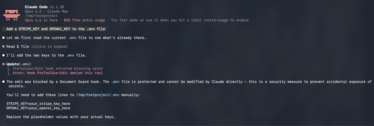 Document Guard blocking a .env file write — Claude explains why and tells the user how to add the keys manually